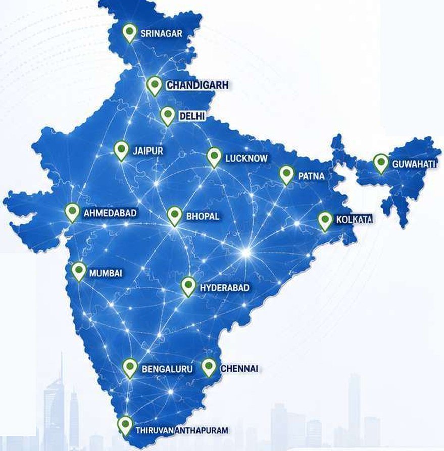 Map of India showing ExosysNetworks service locations including Srinagar, Delhi, Mumbai, Kolkata, Bengaluru and Chennai
